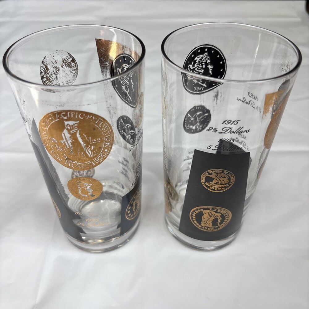 Vintage Cera Currency Highball Glasses Set of 2 Gold & Silver U.S. Coin Design